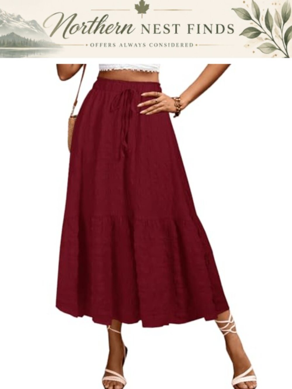Women's Boho Elastic Waist Tiered A-Line Midi Skirt Flowy Drawstring